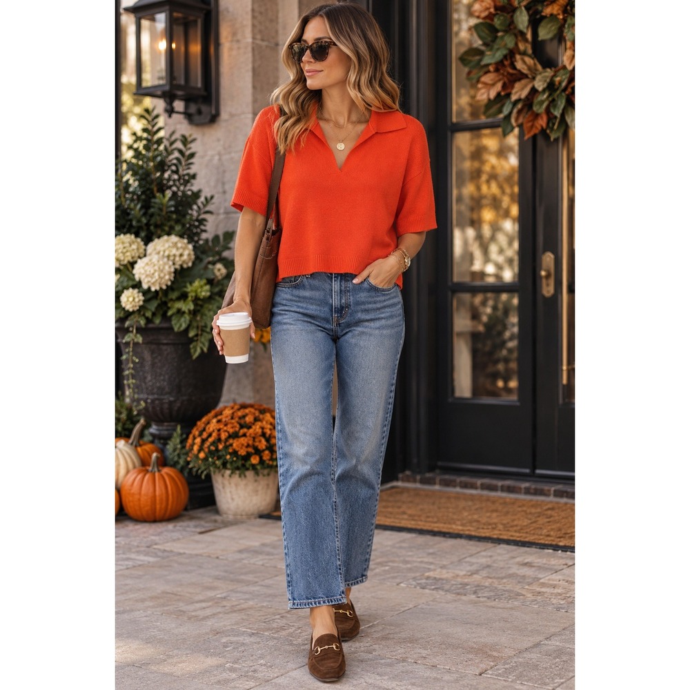 Cyrus Womens Orange Short Sleeve Knit Polo Sweater Split V-Neck Top C402527 S